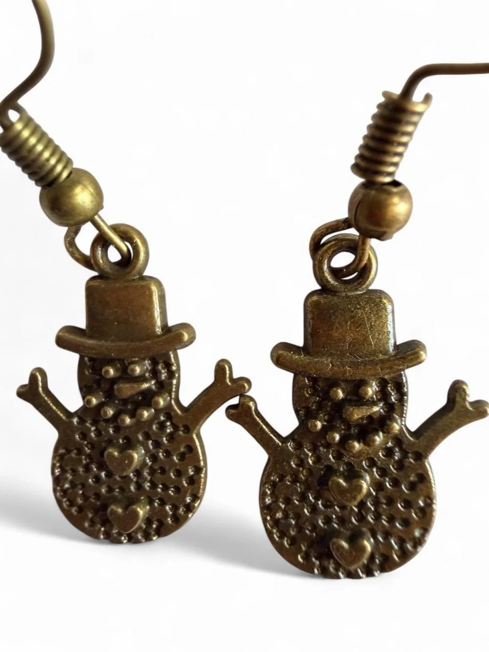 Handmade Bronze Snowman Earrings Cute Winter Holiday Jewelry ❄️☃️ - Picture 4 of 5